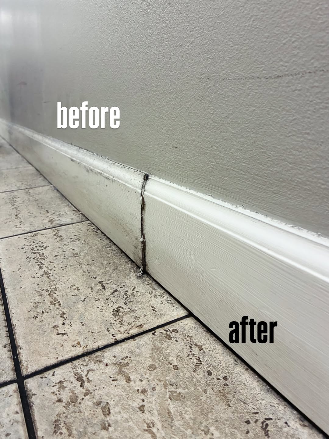 A baseboard, half cleaned: before and after